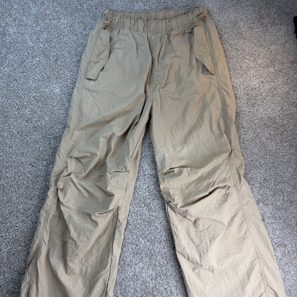 Love Tree Windbreaker Pants Womens L Beige Nylon Straight Leg Elastic Waist
